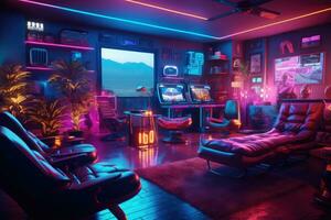 gaming kamer. neon verlichte kamer met computers. generatief ai foto