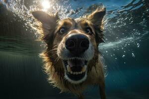 onderwater- grappig foto van hond, duiken diep omlaag. zomer vakantie met huisdier. detailopname onderwater- foto van een hond. generatief ai illustratie