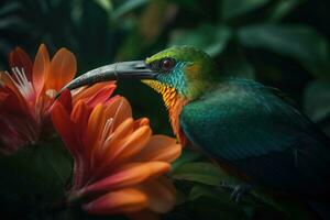 gekleurde tropisch vogel en mooi surrealistische bloemen. generatief ai foto