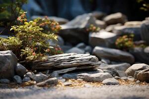 Japans rots tuin met voorzichtig geplaatst stenen, planten en zand. generatief ai foto