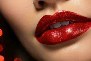 schoonheid rood lippen bedenken detail. maken omhoog concept. kus. generatief ai foto