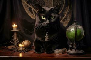 zwart kat met groen ogen en een kristal bal. oud houten tafel met verspreide spellen ingrediënten. generatief ai foto