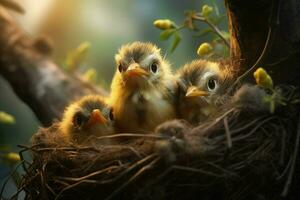 baby vogelstand in de nest Aan natuur achtergrond. ai gegenereerd. pro beeld foto