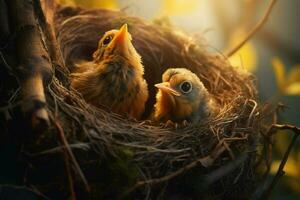 baby vogelstand in de nest Aan natuur achtergrond. ai gegenereerd. pro beeld foto