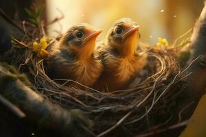 baby vogelstand in de nest Aan natuur achtergrond. ai gegenereerd. pro beeld foto