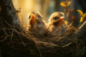 baby vogelstand in de nest Aan natuur achtergrond. ai gegenereerd. pro beeld foto