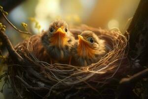 baby vogelstand in de nest Aan natuur achtergrond. ai gegenereerd. pro beeld foto