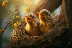 baby vogelstand in de nest Aan natuur achtergrond. ai gegenereerd. pro beeld foto