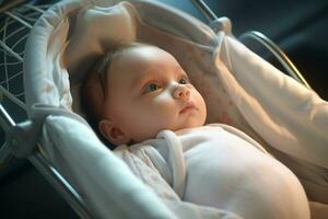 schattig weinig baby jongen zittend in ziekenhuis bed, detailopname. ai gegenereerd pro foto