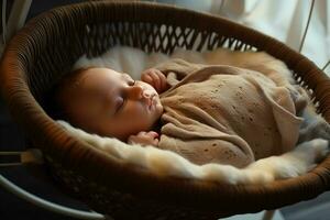 schattig weinig baby slapen in een baby auto stoel Bij huis. ai gegenereerd pro foto