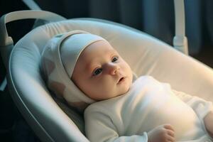 schattig weinig baby jongen zittend in ziekenhuis bed, detailopname. ai gegenereerd pro foto