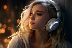 mooi jong vrouw met hoofdtelefoons luisteren naar muziek. portret van een mooi blond meisje in koptelefoon. ai gegenereerd pro foto