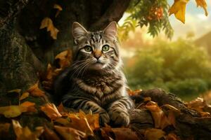 schattig kat zittend Aan een boom Afdeling in de herfst Woud. ai gegenereerd pro foto