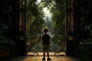 terug visie van een jongen staand in voorkant van een poort. ai gegenereerd pro foto