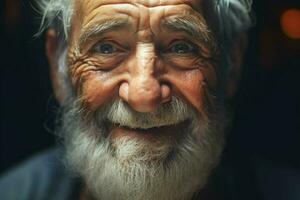 detailopname portret van een gelukkig senior Mens met wit baard. ai gegenereerd pro foto