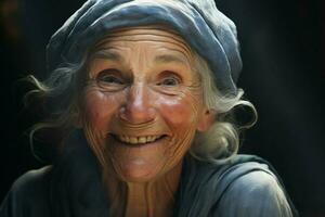 portret van een glimlachen senior vrouw. focus Aan de ogen. ai gegenereerd pro foto