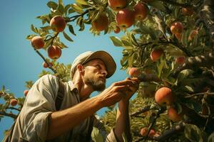 boer oogsten appels in boomgaard Aan zonnig dag. mannetje tuinman plukken appels in boomgaard. ai gegenereerd pro foto
