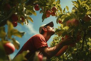 boer oogsten appels in boomgaard Aan zonnig dag. mannetje tuinman plukken appels in boomgaard. ai gegenereerd pro foto