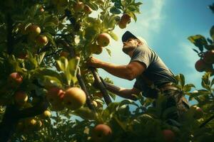 boer oogsten appels in boomgaard Aan zonnig dag. mannetje tuinman plukken appels in boomgaard. ai gegenereerd pro foto