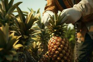 een Mens oogsten ananas in de veld. concept van oogsten ananas. ai gegenereerd pro foto