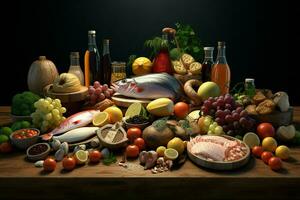 selectie van kaas, vlees, fruit en groenten Aan een houten tafel. ai gegenereerd pro foto