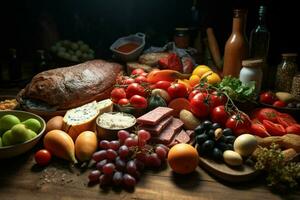 selectie van kaas, vlees, fruit en groenten Aan een houten tafel. ai gegenereerd pro foto