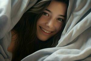portret van mooi jong vrouw aan het liegen in bed onder wit deken. ai gegenereerd pro foto