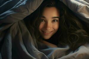 portret van mooi jong vrouw aan het liegen in bed onder wit deken. ai gegenereerd pro foto