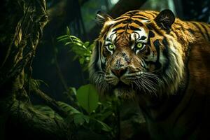 dichtbij omhoog van een tijger in de oerwoud, panthera Tigris altaica. ai gegenereerd pro foto