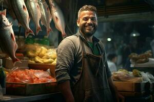 portret van een glimlachen middelbare leeftijd Mens verkoop vers vis in een vis winkel. ai gegenereerd foto
