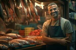 portret van een glimlachen middelbare leeftijd Mens verkoop vers vis in een vis winkel. ai gegenereerd foto