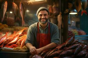 portret van een glimlachen middelbare leeftijd Mens verkoop vers vis in een vis winkel. ai gegenereerd foto