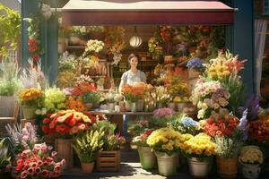 portret van een glimlachen famale bloemist staand in bloem winkel. ai gegenereerd pro foto