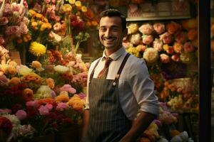 portret van een glimlachen mannetje bloemist staand in bloem winkel. ai gegenereerd pro foto