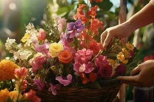 bloemist Holding mand met mooi boeket van voorjaar bloemen in tuin. ai gegenereerd pro foto