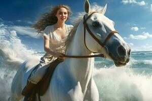 mooi meisje in een wit jurk rijden een paard Aan de strand. ai gegenereerd pro foto