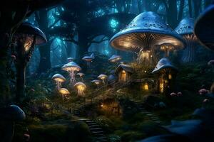 fantasie landschap met magie kasteel en champignons. 3d illustratie. ai gegenereerd pro foto