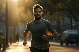 rennen Mens jogging Aan stad straat Bij zonsopkomst. sport geschiktheid model- Kaukasisch etniciteit opleiding buitenshuis. ai gegenereerd pro foto