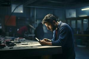 technicus werken met mobiel telefoon Bij nacht in de fabriek. technologie concept. ai gegenereerd pro foto