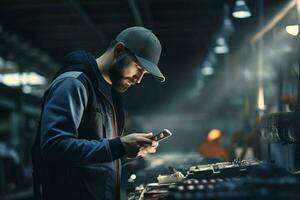 technicus werken met mobiel telefoon Bij nacht in de fabriek. technologie concept. ai gegenereerd pro foto