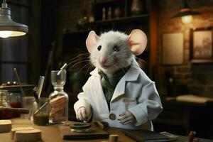 schattig wit Rat in een laboratorium jas Aan een donker achtergrond. ai gegenereerd pro foto