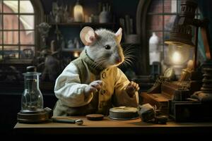 schattig wit Rat in een laboratorium jas Aan een donker achtergrond. ai gegenereerd pro foto