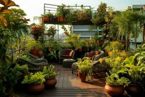 tuin met meubilair en bloemen in de stad van Bangkok. ai gegenereerd pro foto