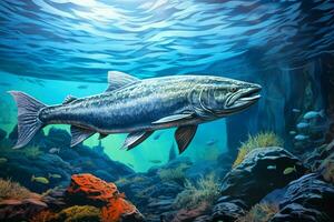 kleurrijk onderwater- tafereel met regenboog forel vis. 3d illustratie. ai gegenereerd pro foto