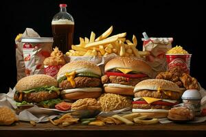 snel voedsel restaurant menu. hamburgers, Frans Patat, koolsalade, kip klompjes en salades Aan houten tafel. ai gegenereerd pro foto