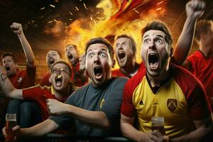 opgewonden belgie Amerikaans voetbal fans juichen voor hun team gedurende een spel Bij stadion. ai gegenereerd pro foto