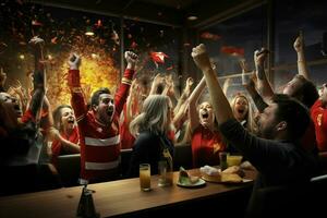opgewonden belgie Amerikaans voetbal fans juichen voor hun team gedurende een spel Bij stadion. ai gegenereerd pro foto