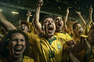 opgewonden Brazilië Amerikaans voetbal fans juichen voor hun team gedurende een spel Bij stadion. ai gegenereerd pro foto