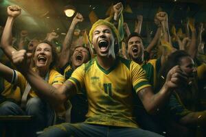 opgewonden Brazilië Amerikaans voetbal fans juichen voor hun team gedurende een spel Bij stadion. ai gegenereerd pro foto