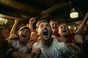 opgewonden Engeland Amerikaans voetbal fans juichen voor hun team gedurende een spel Bij stadion. ai gegenereerd pro foto